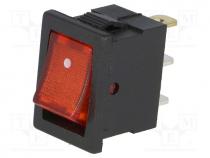 ROCKER, SPST, Pos  2, ON-OFF, 3A/250VAC, red, neon lamp, 35m