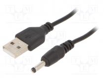 Cable, USB A plug,DC 3,5/1,00 plug, straight, black, 1.8m