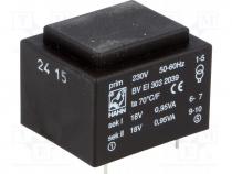 Transformer  encapsulated, 1.9VA, 230VAC, 18V, 18V, 52mA, 52mA, 81g