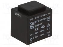 Transformer  encapsulated, 3.6VA, 230VAC, 12V, 12V, 150mA, 150mA