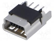 Socket, USB B mini, on PCBs, THT, PIN 5, straight