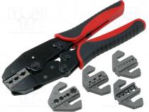 The set contains  crimp tool, five interchangeable jaws, 220mm