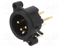 Connector - Socket, XLR, male, PIN 3, THT, black, 6A, 19.8x19.8mm