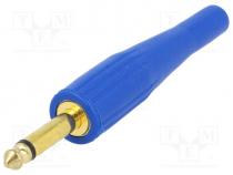  AV - Plug, Jack 6,35mm, male, mono, straight, for cable, soldering, blue