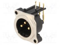 NTR-NC3MBH - Socket, XLR, male, PIN 3, angled 90, THT, silver, 6A, 19.8x19.8mm