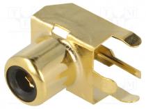 Connectors AV - Socket, RCA, female, angled 90, THT, brass, gold-plated, on PCBs