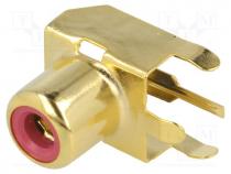 Connectors AV - Socket, RCA, female, angled 90, THT, brass, gold-plated, on PCBs