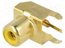 Connectors AV - Socket, RCA, female, angled 90, THT, brass, gold-plated, on PCBs