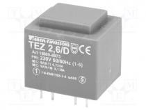 Transformer  encapsulated, 2.5VA, 230VAC, 9V, 9V, 138.9mA, 138.9mA