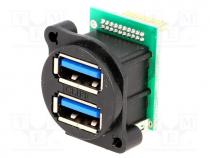 Socket, USB A, for panel mounting,screw, pin header, double