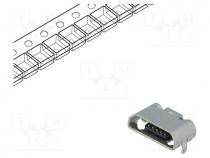 Connector USB - Socket, USB B micro, on PCBs, SMT, PIN  5, horizontal, USB 2.0