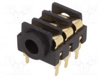  - Adaptors - Socket, Jack 3,5mm, female, stereo, ways  3, THT, gold-plated