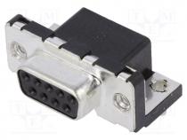LD09S13A4GX00LF - D-Sub, PIN  9, socket, female, on PCBs,PCB snap, angled 90, THT