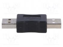 Adapter, USB 2.0, USB A plug,both sides, nickel plated, black