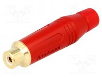 Connector  RCA, plug, female, straight, soldering, red, gold-plated